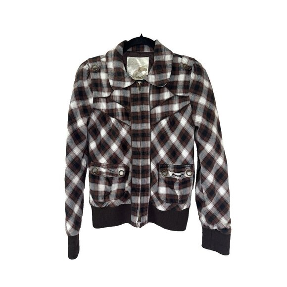 Vintage Y2K Fusion Denim Medium Mocha Brown Plaid Bomber Jacket Grunge Academia - Picture 1 of 8